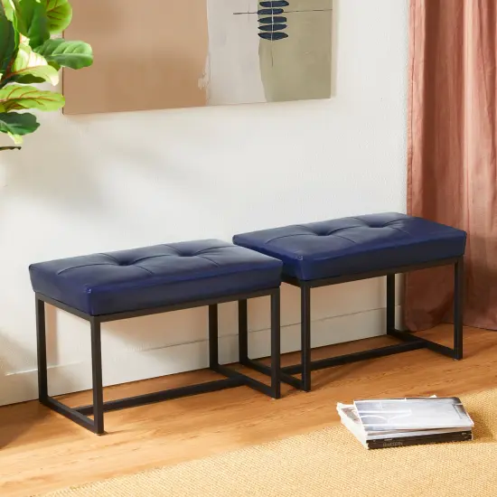 24"W Modern PU Leather Button-tufted Ottoman Foot Stool Navy blue {1}