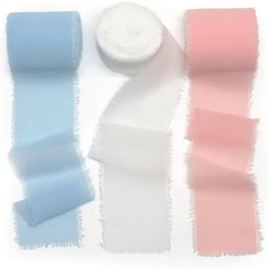 Frayed Chiffon Ribbon 2 inch x 8 Yards x 3 Rolls Light Blue White Pink for Christmas Home Decor Gift Wrapping DIY Crafts Wedding Invitation Bouquets {1}