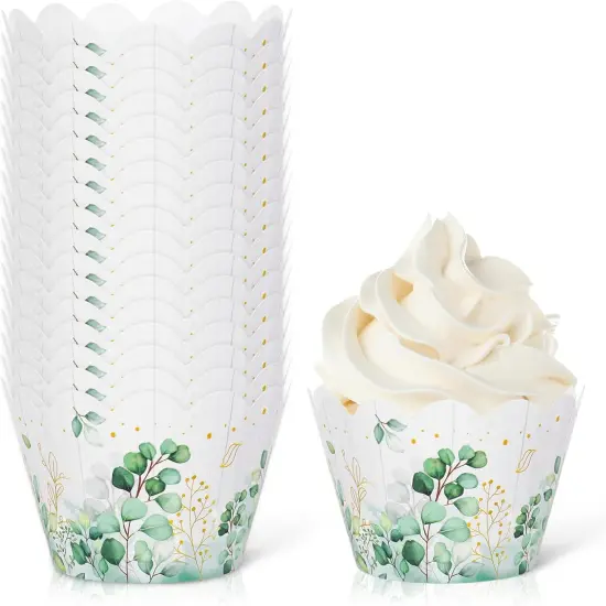 36Pcs Eucalyptus Leaf Cupcake Wrappers Spring Wood Sage Green Cupcake Liners Greenery Cupcake Holders for Baby Shower Wedding Party Supplies Dessert Decor {1}