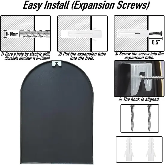 20x30 Arch Mirror Rectangle Wall Mounted Metal Frame Mirrors for Entryway Bedroom Bathroom Living Room 20 30 inch Gold Silver - Black {5}