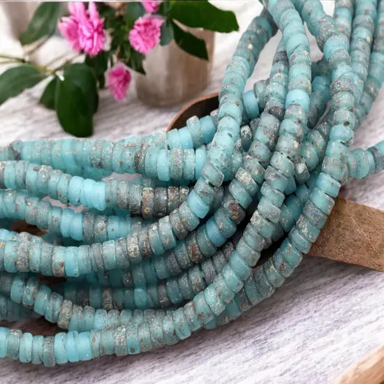 6x3mm Rustic Blue Aqua Indonesian Heishi Beads (20" Strand) {2}
