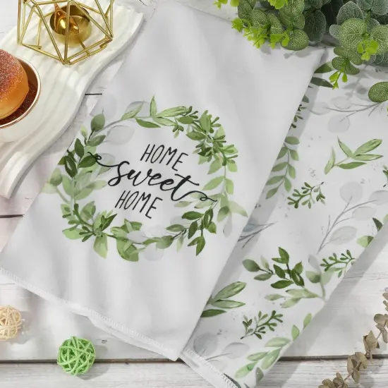 Greenery Kitchen Towel 18 x 28 Inch Watercolor Green Leaves Dish Towel Home Sweet Home Eucalyptus Hand Drying Tea Towel for Spring Summer Baking Cooking Cleaning Party Supplies, 2Pcs {4}