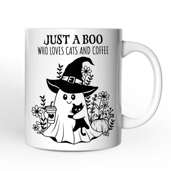 Cute Ghost with Black Cat Mug, Cat and Coffee Lover Halloween Gift {1}