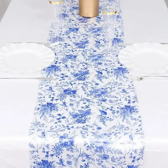 White 12x108 in Satin TABLE RUNNER Blue Floral Design Party Events Decorations {2}