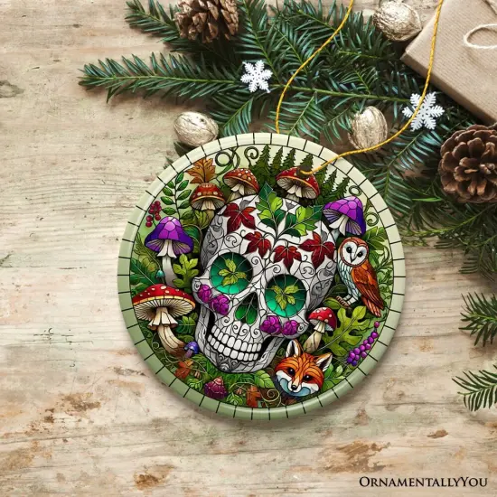 Enchanted Woodland Sugar Skull Ornament, Mystical Forest Christmas Gift and Decor {5}