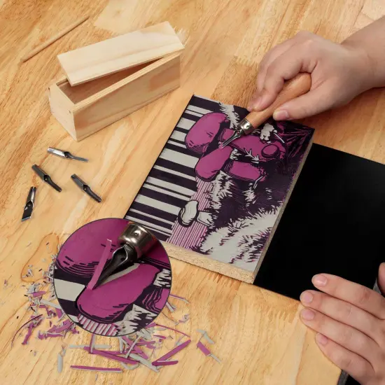 Creative Mark Linoleum Carving Tools Set with Ergonomic Beechwood Handle, 5 Tempered Steel Blades, Block Printing Linocut Tools for Soft Linoleum or Pine, Wooden Storage Box Included {3}