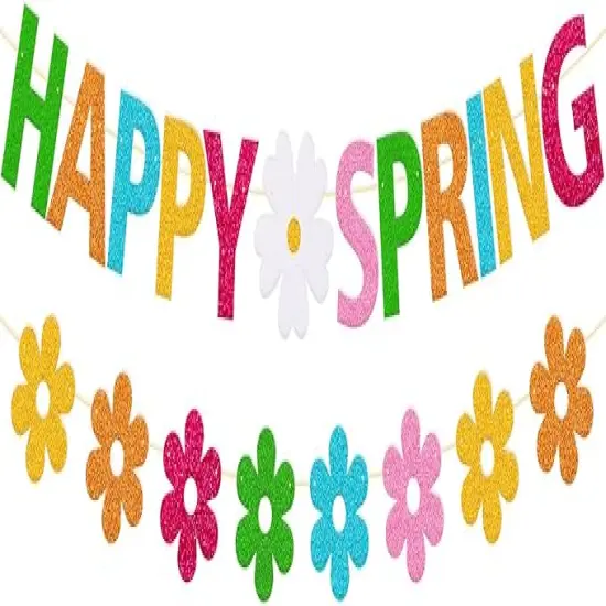 Happy Spring Banner Hello Spring Party Decorations with Flowers Garland for Kids Boy Girl Celebrate Welcome Spring Colorful Glitter Party Supplies {1}