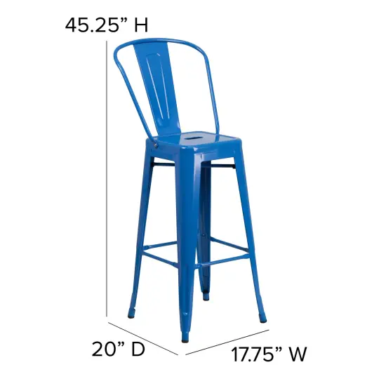 Merrick Lane Dothan Series Metal Stool with Removable Back for Indoor-Outdoor Use Blue {5}