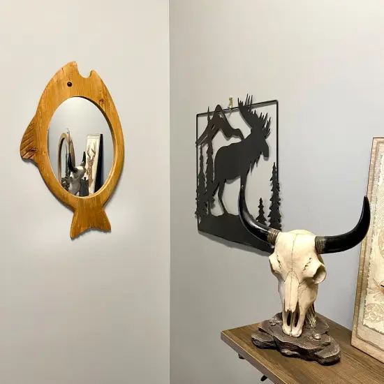 Rustic Wood Fish Shaped Wall Mirror Coastal Beach Nautical Bathroom Decor {6}