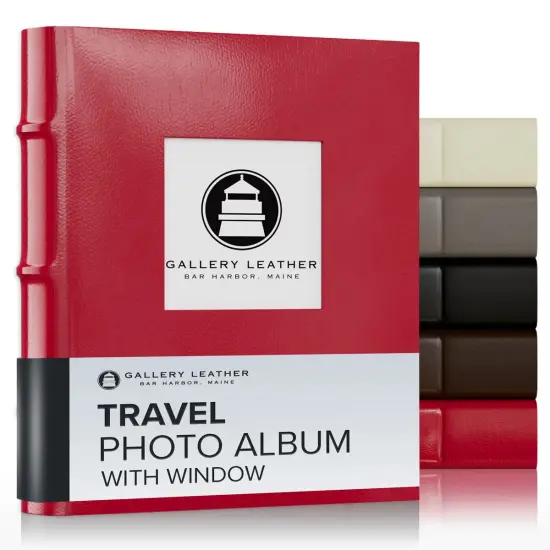Gallery Leather Travel Photo Album with Window, Holds 4x6 Photos, 3 Ring Binder, 50 Pages for 50 Photos, Fillable, Handcrafted &ndash; 6.5&rdquo; x 5.5&rdquo; Camden Red {1}