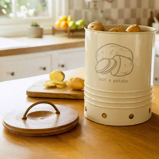 Metal Potato Storage Bin with Wooden Lid - Durable & Stylish Kitchen Canister-6.9X6.9X11" {1}