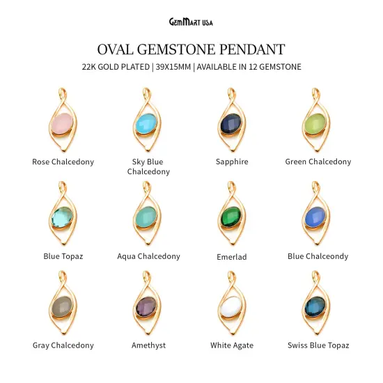Twisted Oval Gemstone Pendant, Gold Plated Gemstone Charm, Necklace Pendant, GemMartUSA (50601) Swiss Blue Topaz {2}