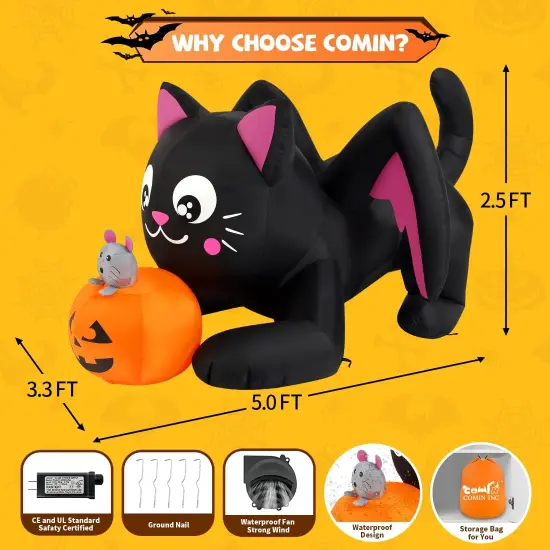 GOOSH 5 FT Halloween Inflatables Cat Blow Up Yard Pumpkin with Built-in LEDs {6}