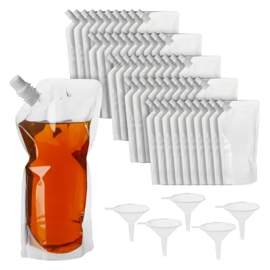 50 Pack 16oz Reusable Adult Plastic Drink Pouches with Funnels for Juice, Soda, Liquor (9 x 5 In) {5}