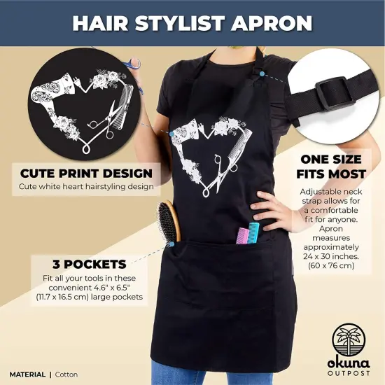 Salon Apron for Women Hair Stylist with Adjustable Bib 3 Pockets (Black, 24 x 30 inches) {2}