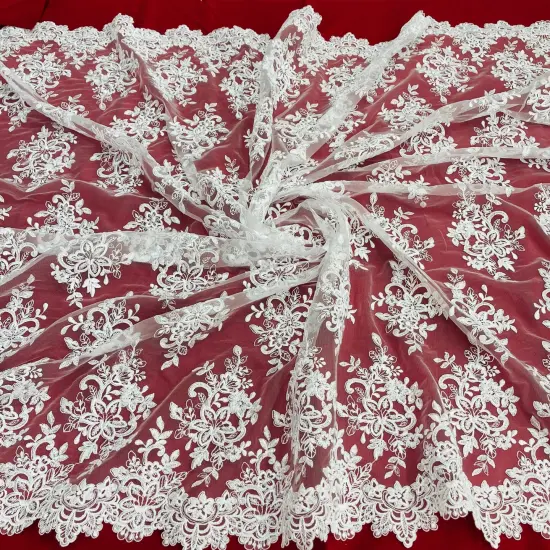 1 Yard Corded Bridal Lace Fabric Embroidered Elegant Mesh Dress 54" Width White {1}