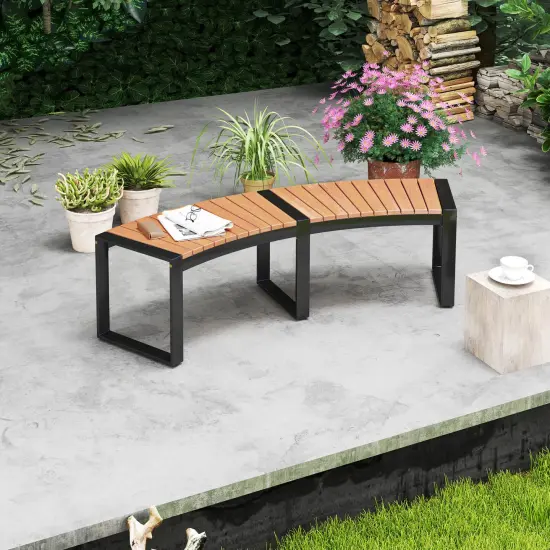 Costway Backless 2-Person Patio Curved Bench with Slatted Seat & Metal Legs Oil Painted {1}