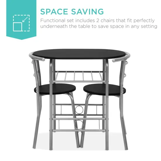 Best Choice Products 3-Piece Wood Dining Room Round Table & Chairs Set w/ Steel Frame, Built-In Wine Rack Black/Silver {2}