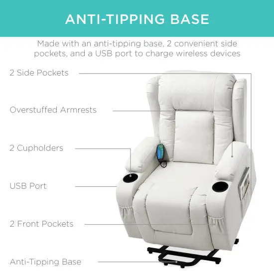 Best Choice Products Electric Power Lift Linen Recliner Massage Chair Furniture w/ USB Port, Heat, Cupholders Ivory {5}