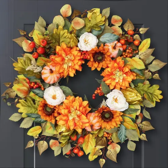 Autumn Wreath with Pumpkins, Peony, Sunflowers & Dahlias {2}