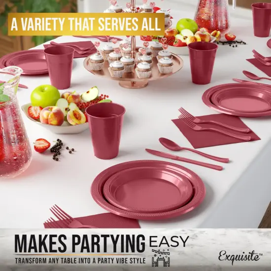 Exquisite 182 Pcs Plastic Plates for Party &ndash; Disposable Plates Set &ndash; 26 Each of 9" Dinner Plates, 7" Dessert Plates, Plastic Cups, Napkins & Plastic Cutlery &ndash; Plastic Dinnerware by Party Solids Burgundy {5}