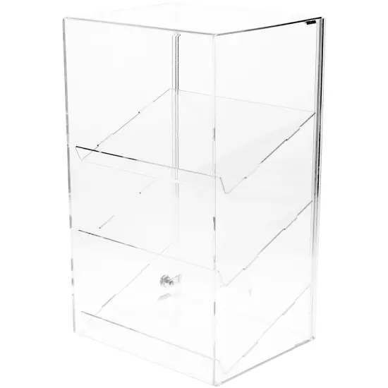 Plymor Clear Acrylic Locking Display Case with Sliding Back, 3 Angled Shelves {1}
