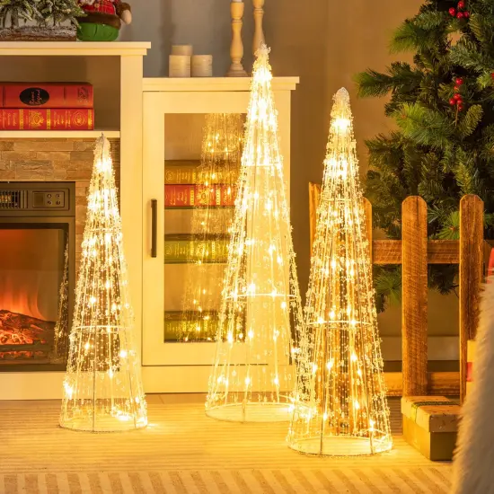 Costway Set of 3 Pre-lit Christmas Cone Trees Xmas Decoration with Star String & 90 Lights {4}