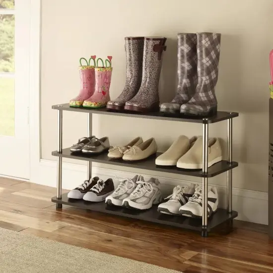 Espresso Wood 3-Shelf Shoe Rack for 12 Pairs with Metal Accents {3}
