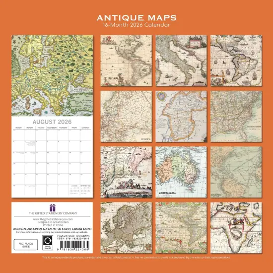 The Gifted Stationary 2026 Square Wall Calendar, Antique Maps, 16-Month Arts and Antiques Theme Hanging Calendar with 180 Reminder Stickers, Month Planner for Creative Spaces, 12x12 In Multicolor {4}