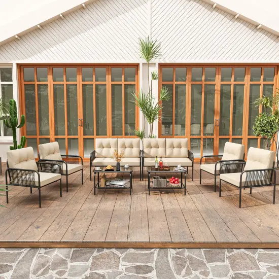 Costway 8 PCS Patio Furniture Set with Loveseat Tempered Glass Coffee Table & Soft Cushions {1}