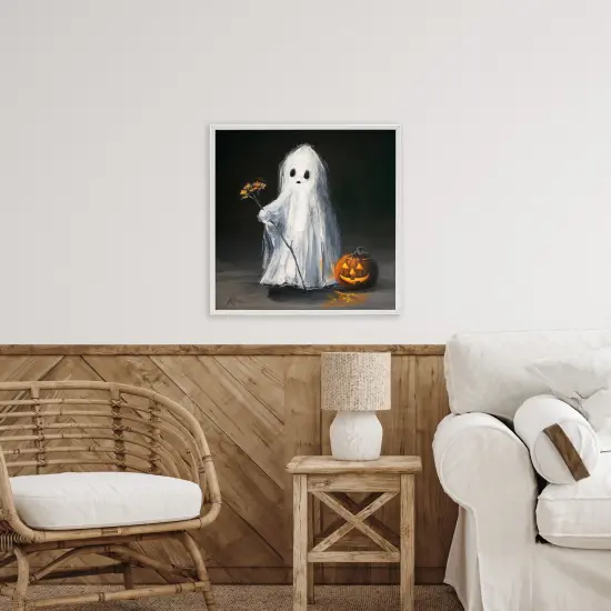 Vintage Halloween Ghost & Pumpkin Framed Giclee Art White {2}