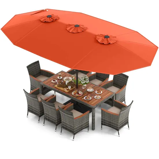 Costway 10 Pieces Patio Wicker Dining Set with Double-Sided Patio Umbrella 8 Armchairs Grey/Red/Orange/Turquoise/Beige/Coffee {11}
