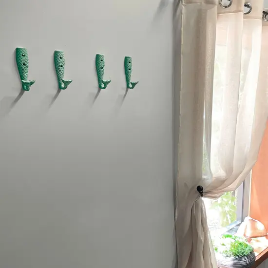 Set of 8 Cast Iron Mermaid Tail Wall Hooks Green Nautical Coastal Decor {6}