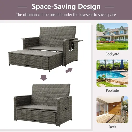 Costway Wicker Loveseat Sofa Set Patio Rattan Daybed with Ottoman & Retractable Side Tray {6}
