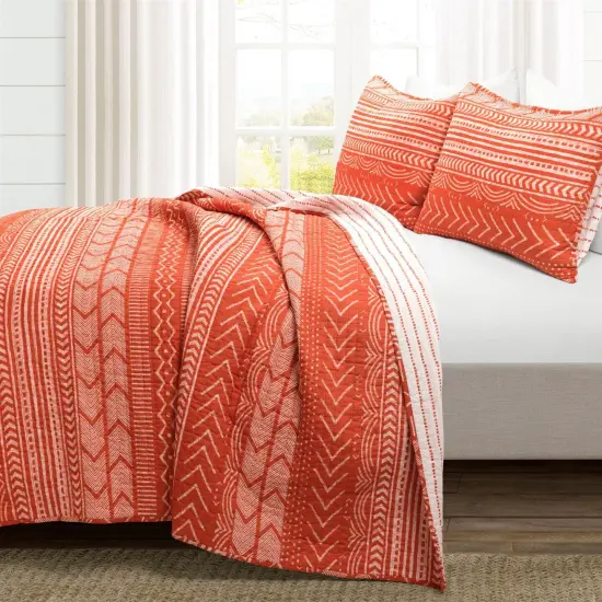 Scandinavian Chevron Orange White Stripe Reversible Cotton Quilt Set {9}