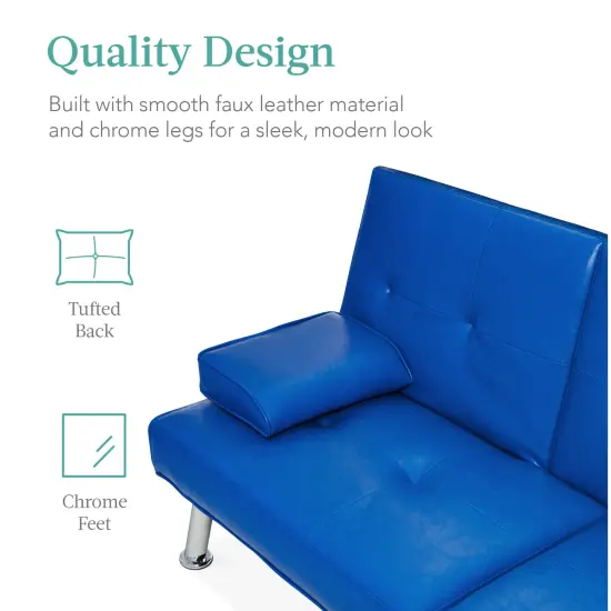 Best Choice Products Modern Faux Leather Convertible Futon Sofa w/ Removable Armrests, 2 Cupholders Royal Blue {5}
