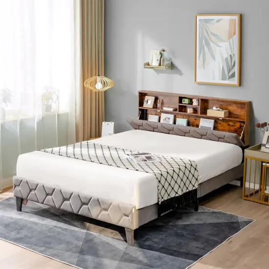 Costway Bed Frame Upholstered Platform Mattress Foundation with Storage Headboard {9}