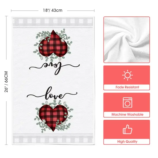 Artoid Mode Red Buffalo Plaid Heart Love Valentine's Day Kitchen Towels Dish Towels, 18x26 Inch Anniversary Wedding Decoration Hand Towels Set of 2 {2}