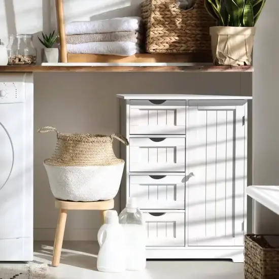 Modern Farmhouse 4-Drawer Bathroom Linen Cabinet in White Wood Finish {5}