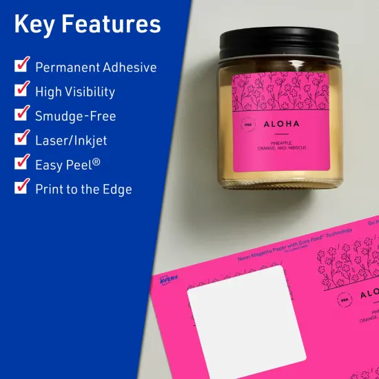 Avery Neon Magenta Paper Labels, 2.75" x 2.75" Square {2}