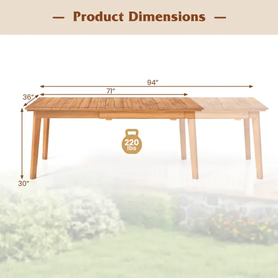 Costway 71"-94" Rectangular Teak Wood Table Patio Extendable Dining Table for 6-8 People, {3}