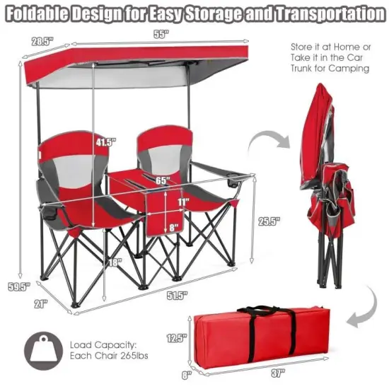Steel Folding 2-Seater Camping Chair with Canopy and Cooler Red {2}