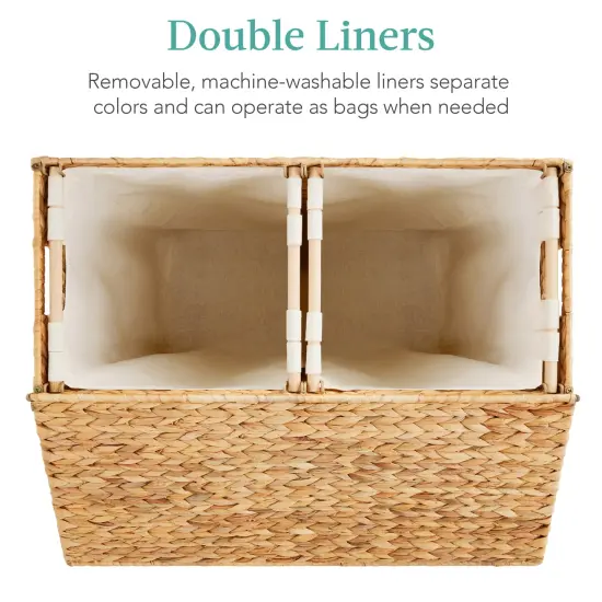 Best Choice Products Large Natural Water Hyacinth Double Laundry Hamper Basket w/ 2 Liner Bags, Handles {3}
