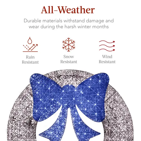 Best Choice Products 36in Pre-Lit Outdoor Christmas Wreath, LED Metal Holiday Décor w/ 120 Lights, Bow Silver/Blue {5}