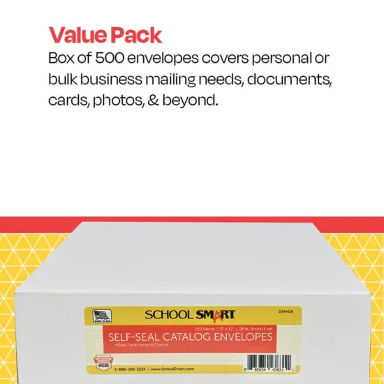 School Smart Kwik-Tak Envelopes, 9 x 12 Inches, 28 lb, Kraft Brown, Box of 100 {7}