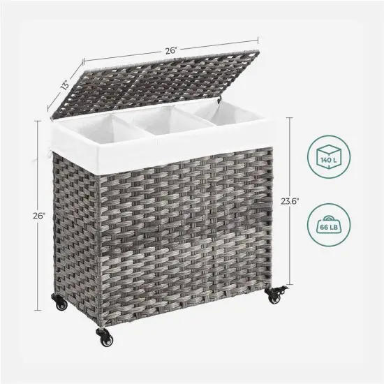 Plastic Laundry Basket Cart with Metal Frame and 3 Removable Bags Grey {2}