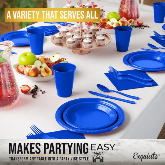 Exquisite 182 Pcs Plastic Plates for Party &ndash; Disposable Plates Set &ndash; 26 Each of 9" Dinner Plates, 7" Dessert Plates, Plastic Cups, Napkins & Plastic Cutlery &ndash; Plastic Dinnerware by Party Solids Dark Blue {5}