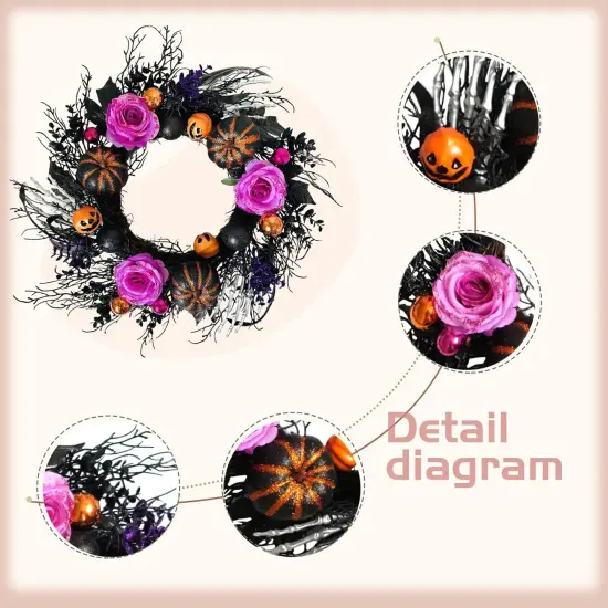 22 Inch Halloween Wreaths with Pumpink Rose Skeleton {2}
