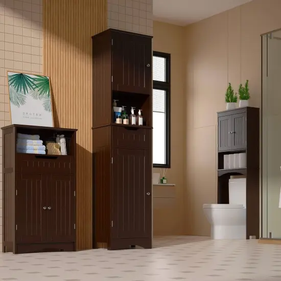 Freestanding Bathroom Storage Tower with Drawer and Adjustable Shelves for Kitchen or Living Room Dark-Brown {3}