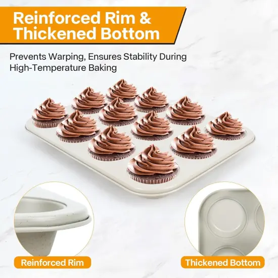 2-Pack Healthy Baking Cupcake Pan| Non Stick 12-Cup Muffin Pan | Durable & Easy Clean Muffin Tin | Perfect for Cupcakes, Muffins (Beige) {3}